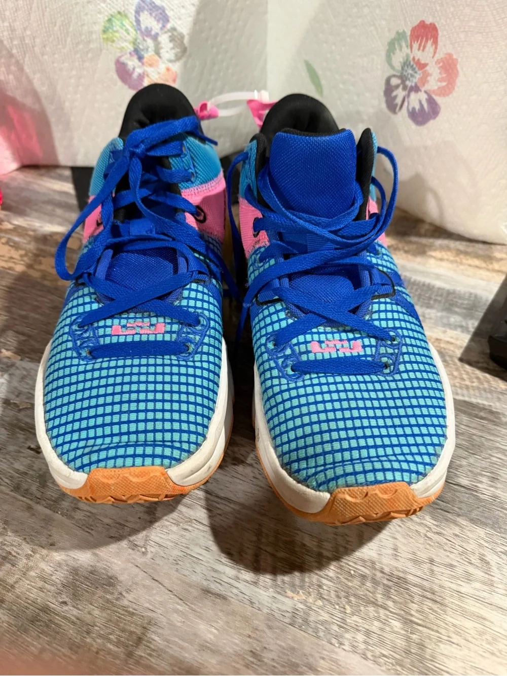 Nike LeBron Witness VllBlue and Pink Men's Athletic Sneakers with Yellow Accents